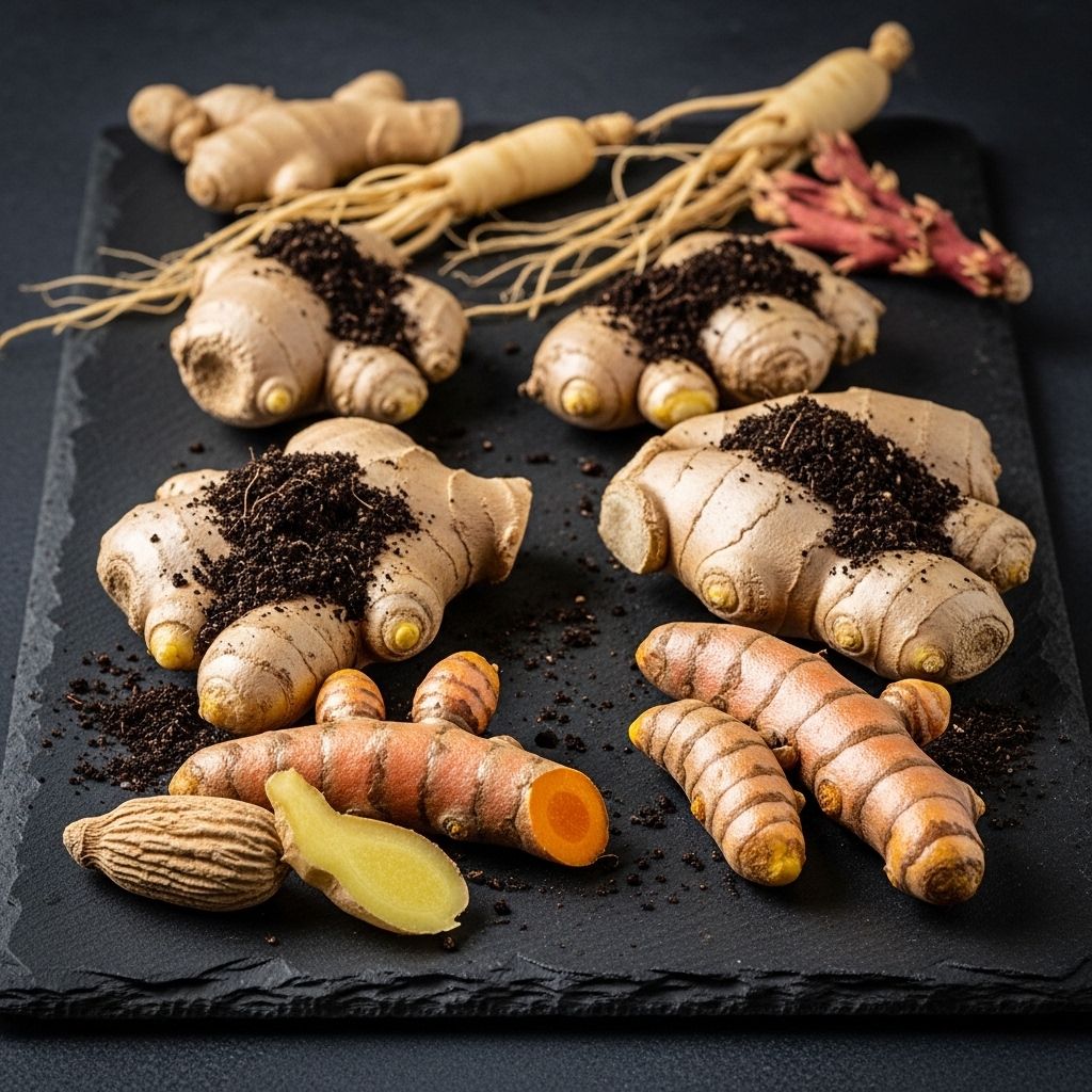 Ginger root, turmeric root, and other medicinal roots displayed on a dark slate surface with fresh soil texture
